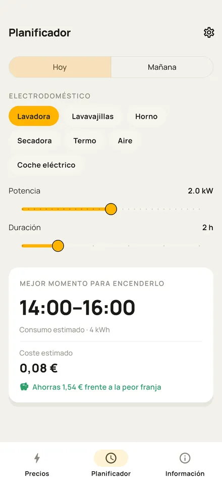 Planificador de Luz por Horas con la lavadora elegida: mejor momento para encenderla, consumo y coste estimado